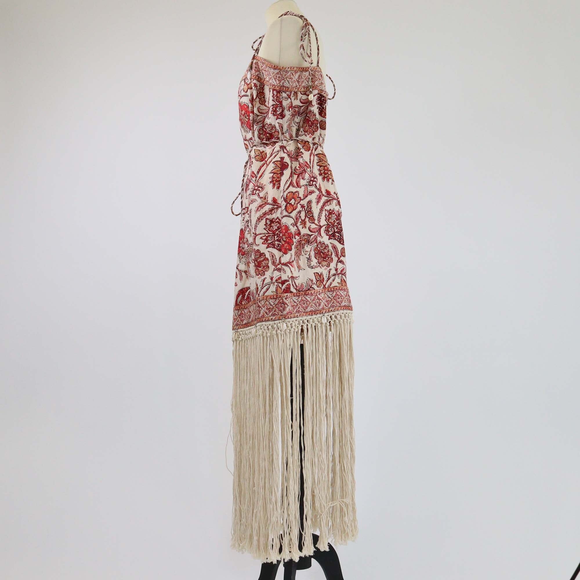 Zimmermann Cream/Red Floral Printed Stapaghetti Strap Fringe Trim Mini Dress Womens Zimmermann 