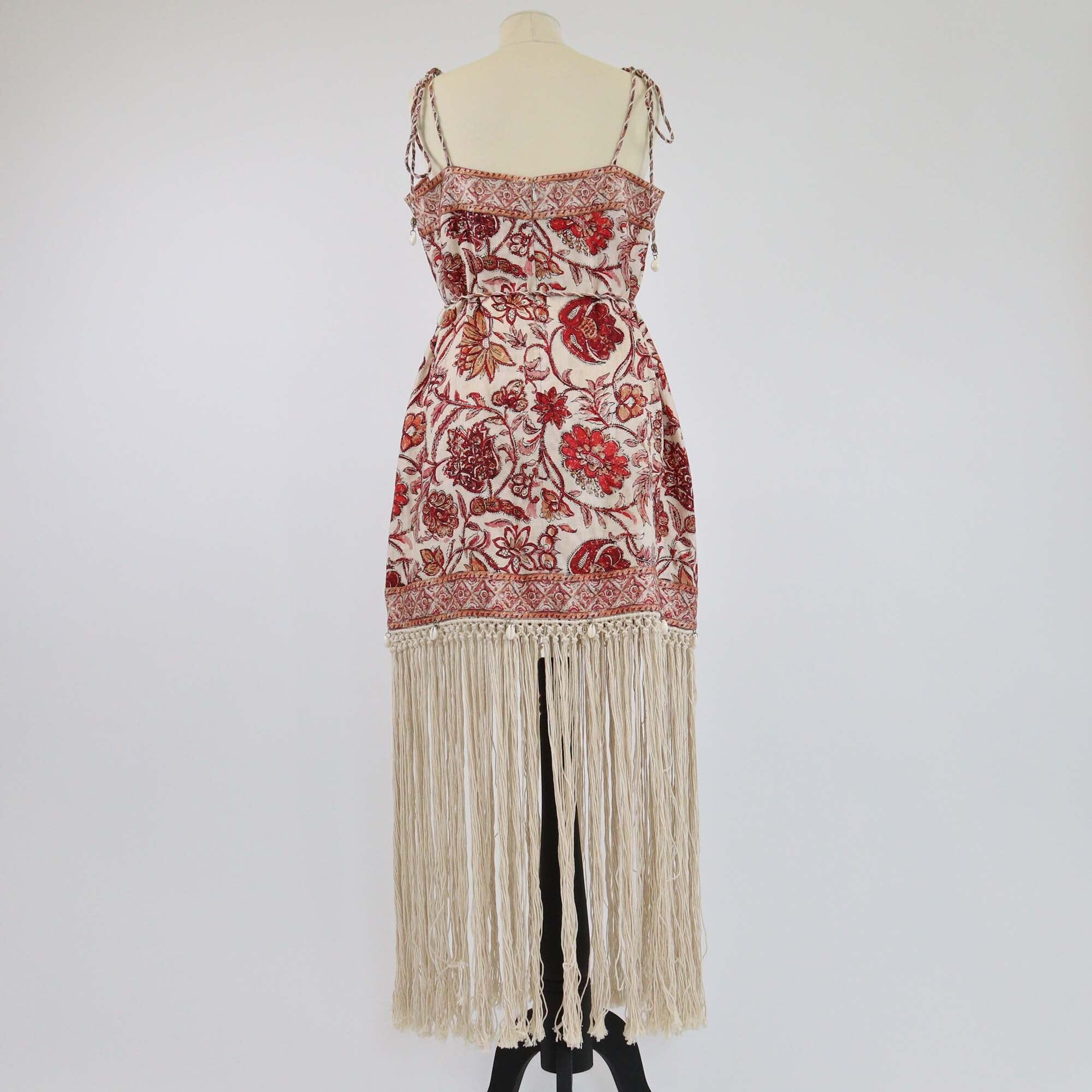 Zimmermann Cream/Red Floral Printed Stapaghetti Strap Fringe Trim Mini Dress Womens Zimmermann 