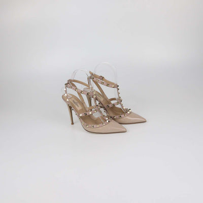 Valentino Beige Patent Leather Rockstud Ankle Strap Pumps