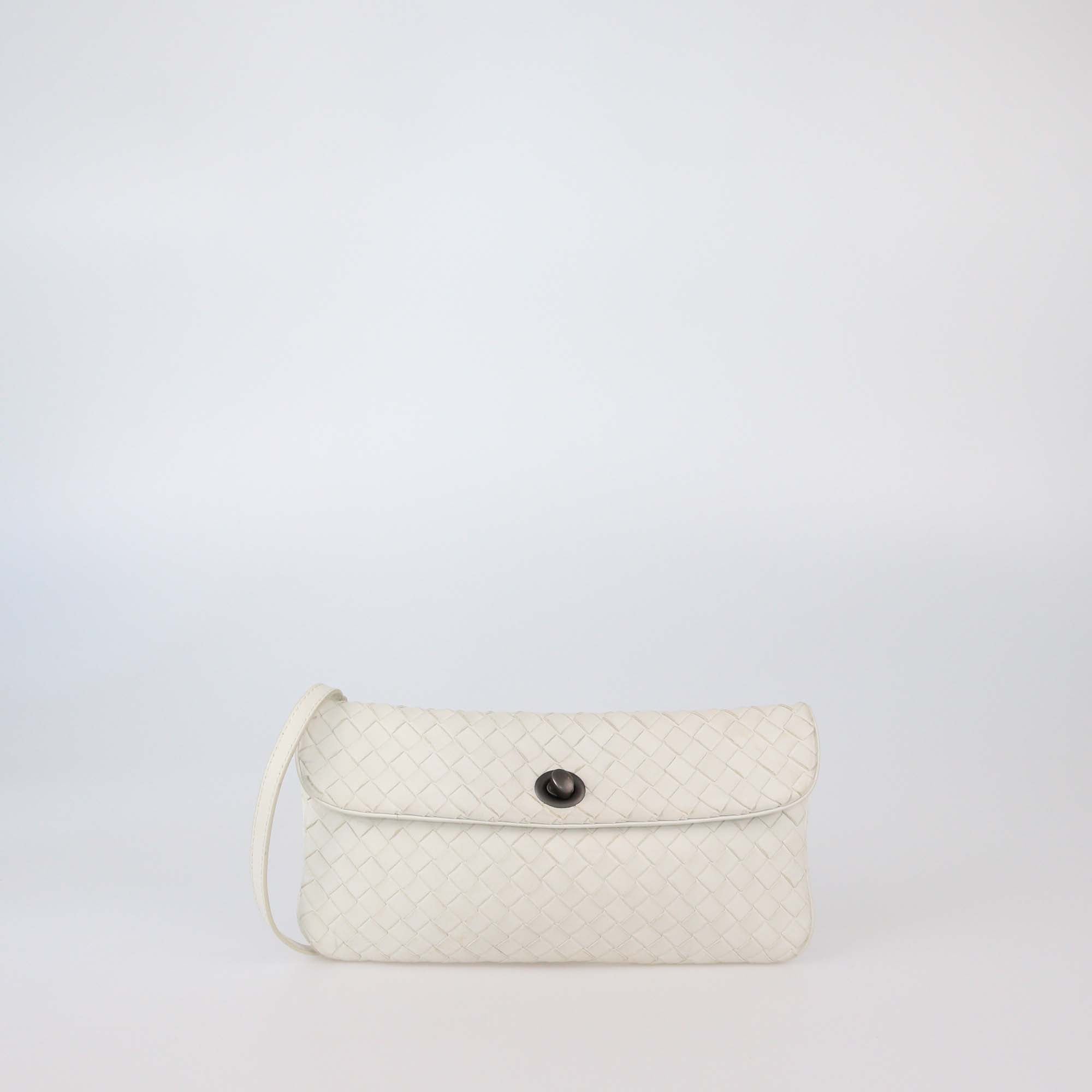 Bottega Veneta White Intrecciato Leather Flap Clutch Shoulder Bag