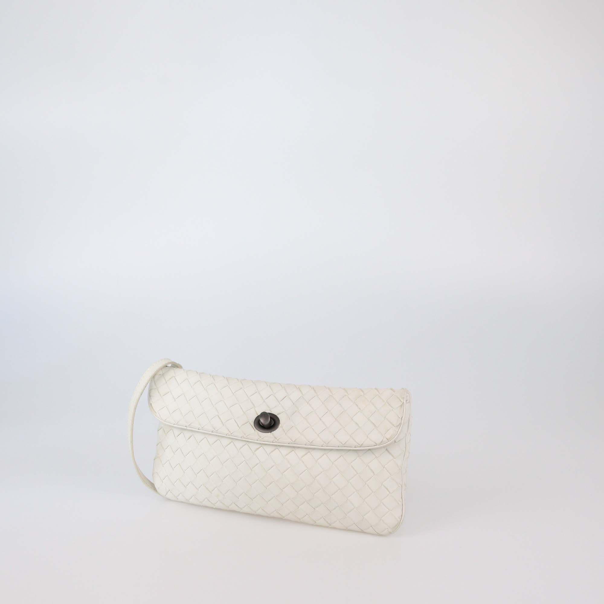 Bottega Veneta White Intrecciato Leather Flap Clutch Shoulder Bag
