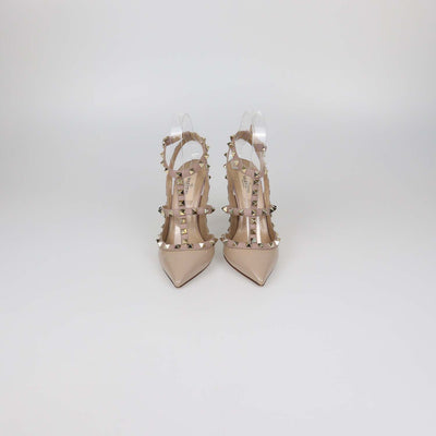 Valentino Beige Patent Leather Rockstud Ankle Strap Pumps