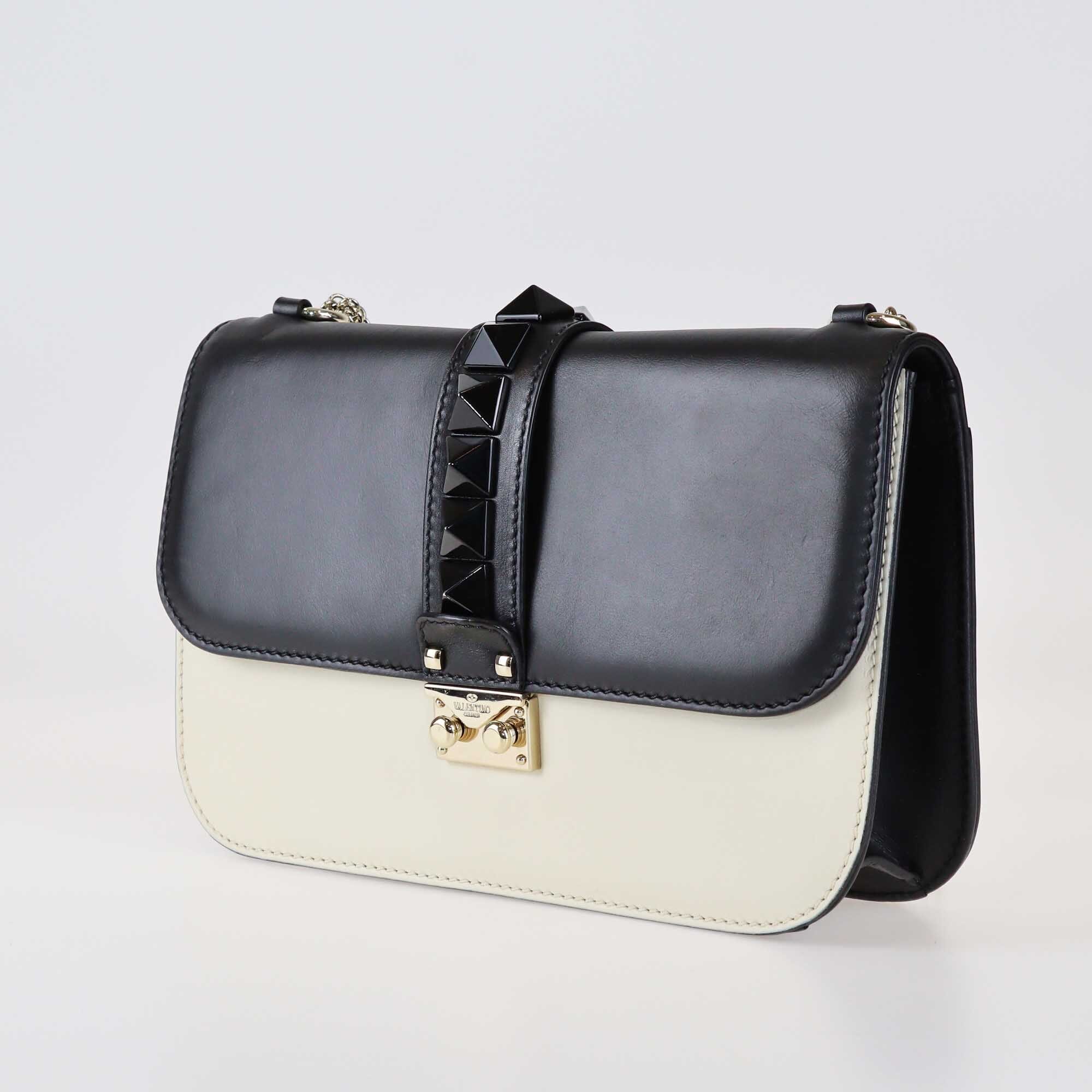 Valentino Black/Offwhite Medium Rockstud Glam Lock Flap Bag Clothing Valentino 