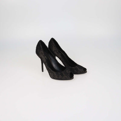 Dolce & Gabbana Black Floral Lace Peep Toe Pumps