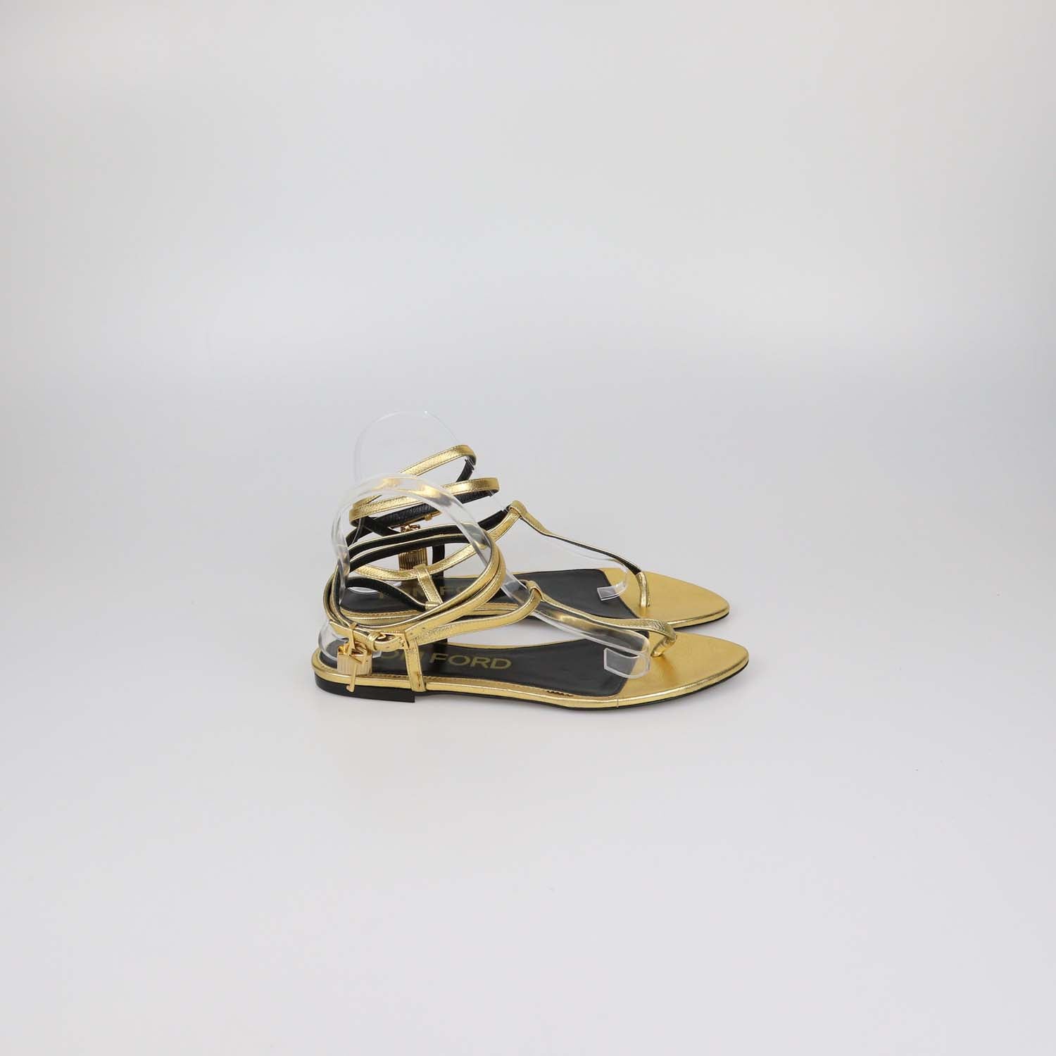 Tom Ford Gold Leather T-Strap Padlock Flat Sandals