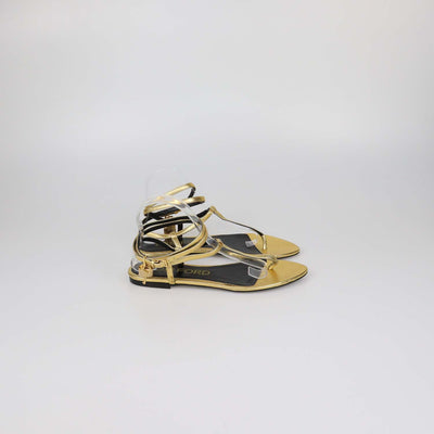 Tom Ford Gold Leather T-Strap Padlock Flat Sandals