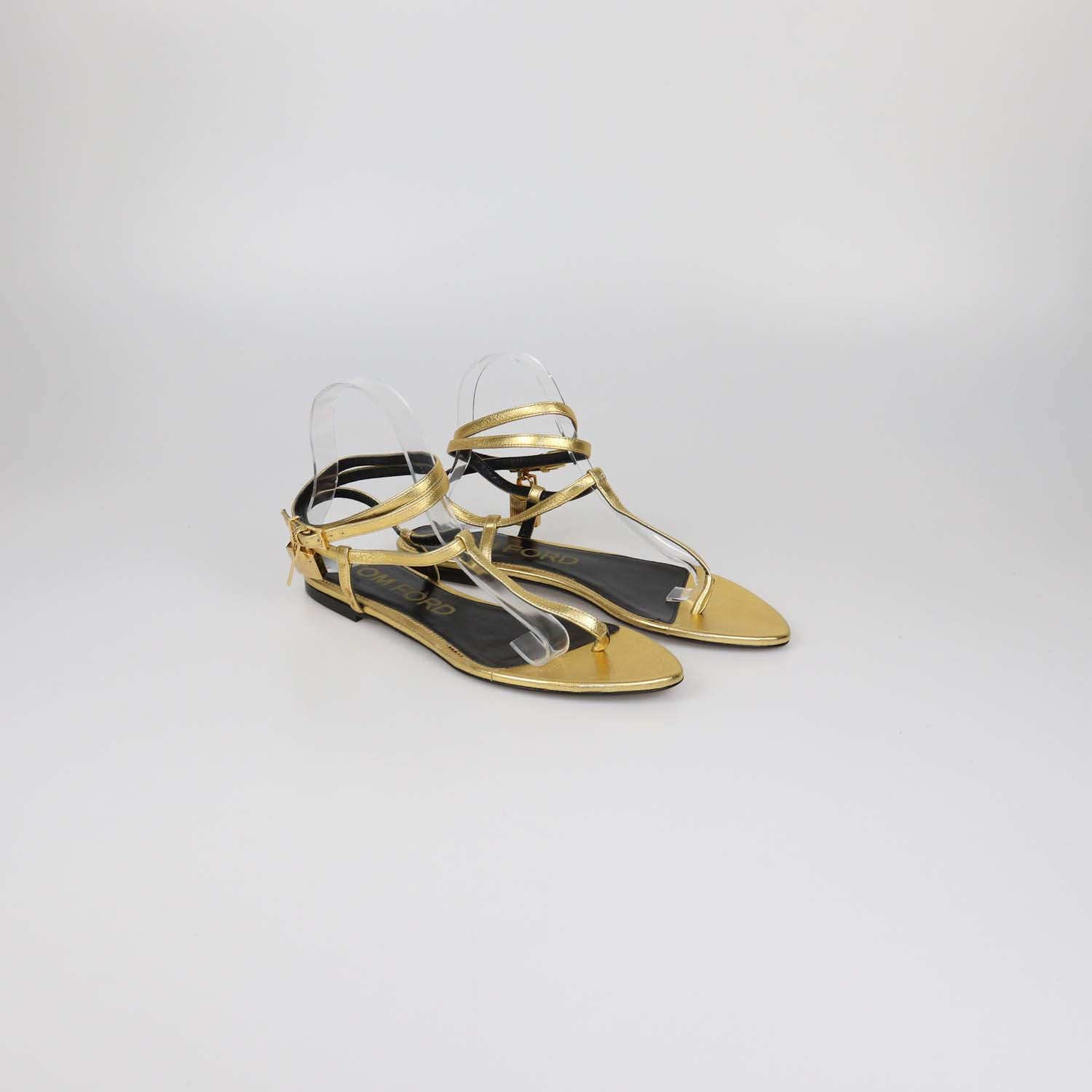 Tom Ford Gold Leather T-Strap Padlock Flat Sandals