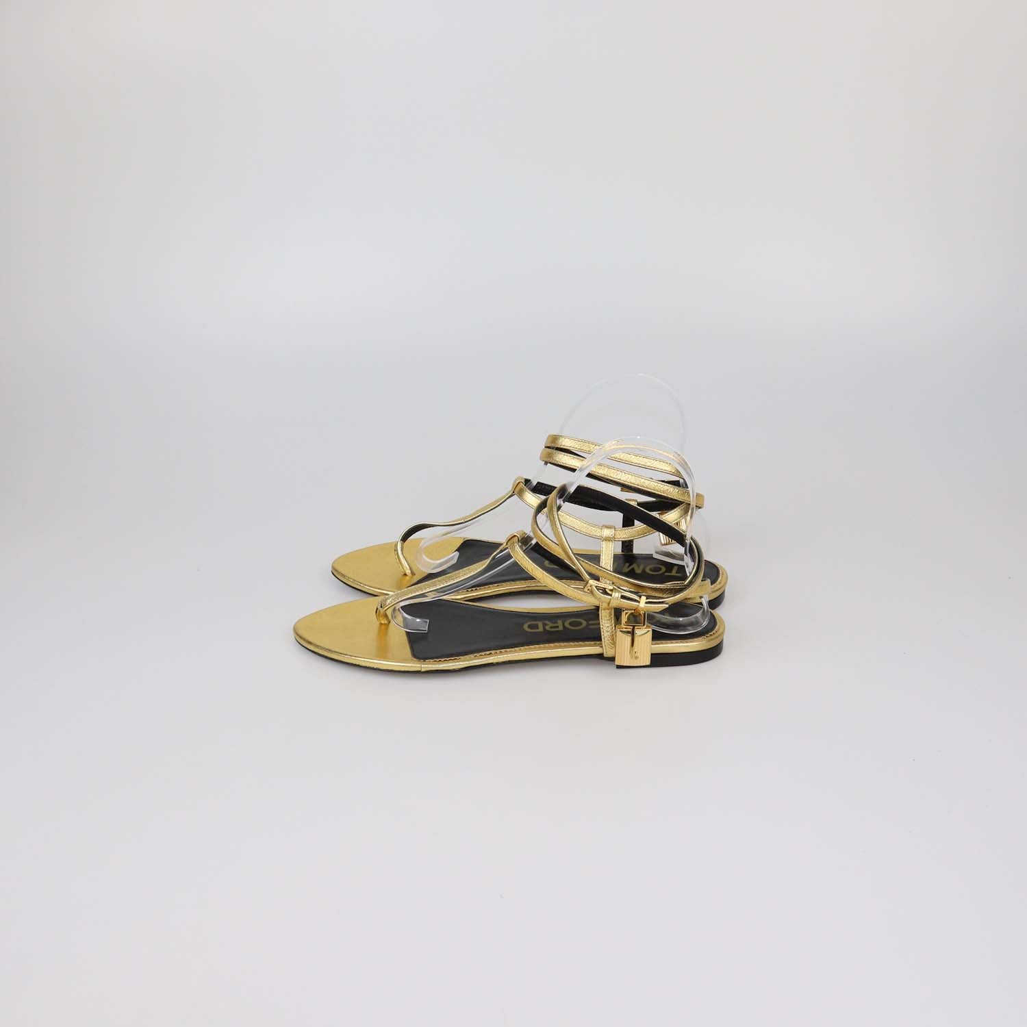 Tom Ford Gold Leather T-Strap Padlock Flat Sandals