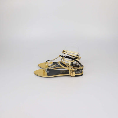 Tom Ford Gold Leather T-Strap Padlock Flat Sandals