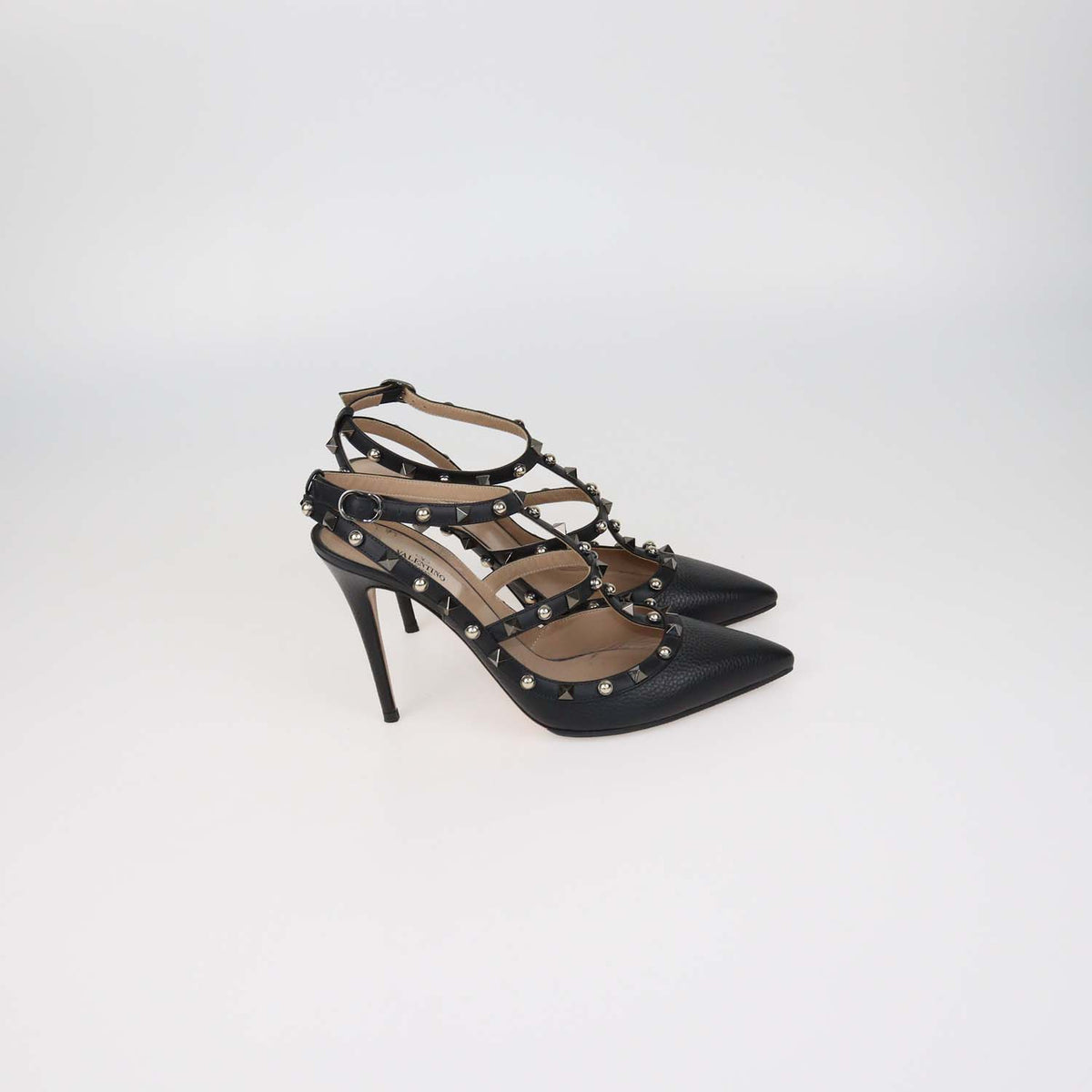 Valentino Black Leather Rolling Rockstud Caged Pumps