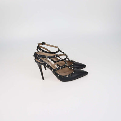 Valentino Black Leather Rolling Rockstud Caged Pumps