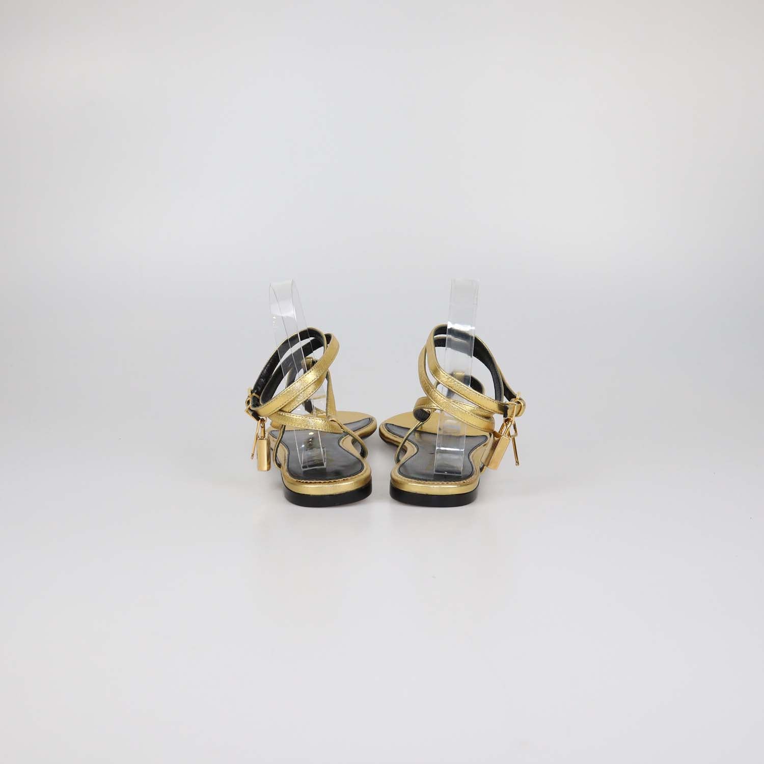 Tom Ford Gold Leather T-Strap Padlock Flat Sandals