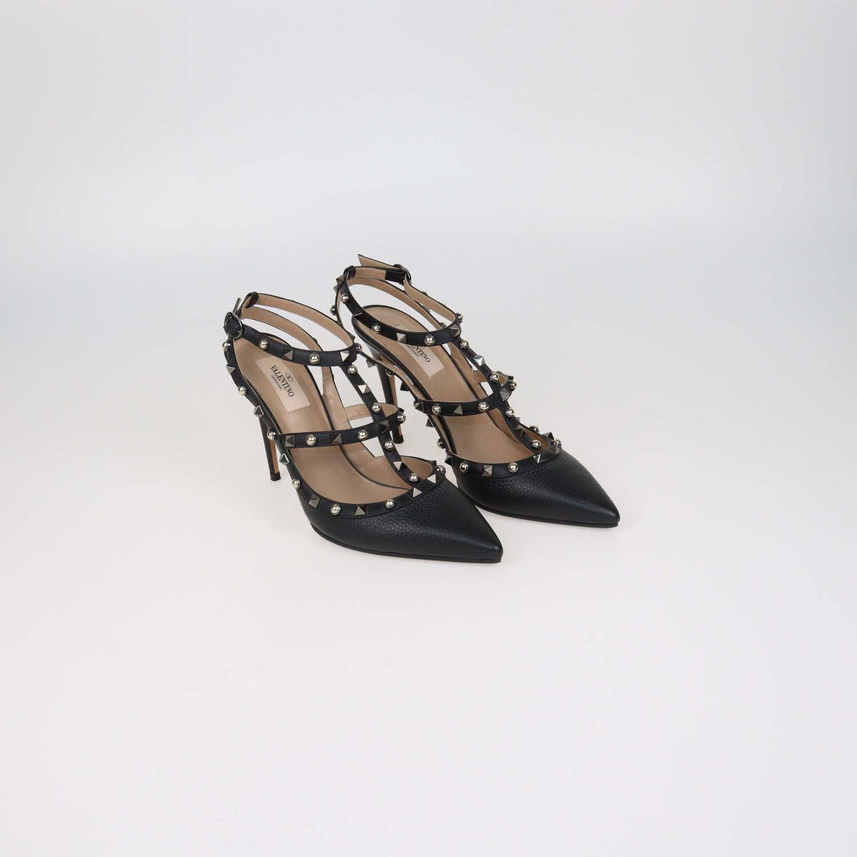 Valentino Black Leather Rolling Rockstud Caged Pumps