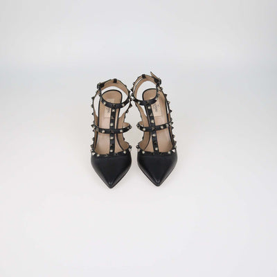 Valentino Black Leather Rolling Rockstud Caged Pumps