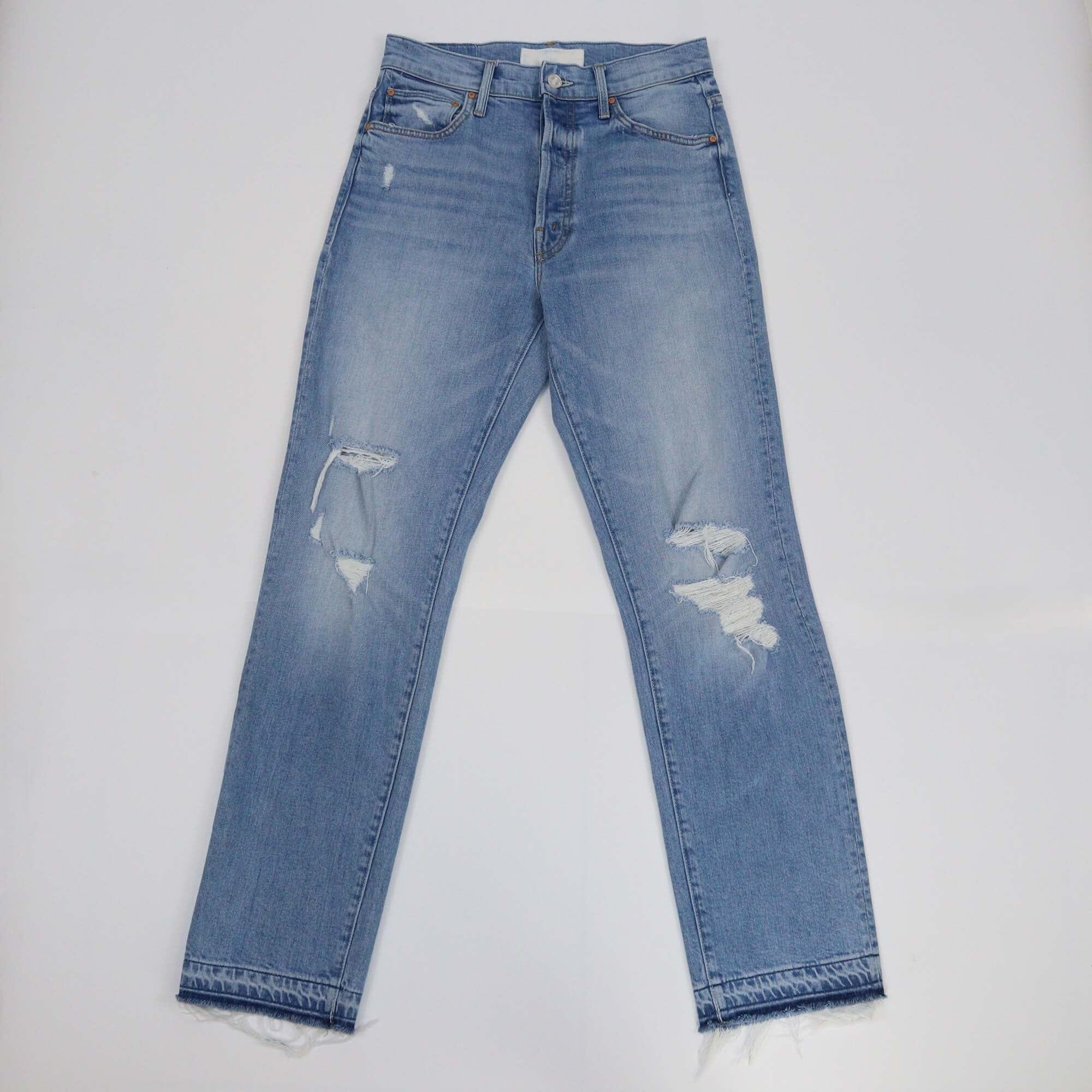 Mother Blue Denim Distressed Straight Cut Pants Womens Mother 