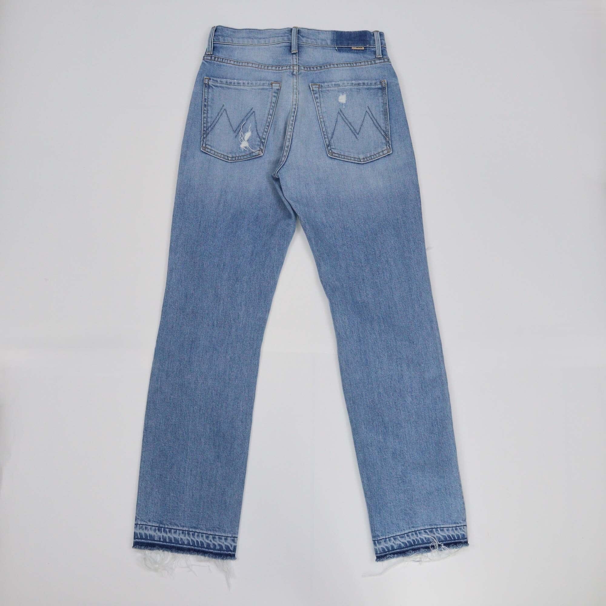 Mother Blue Denim Distressed Straight Cut Pants Womens Mother 