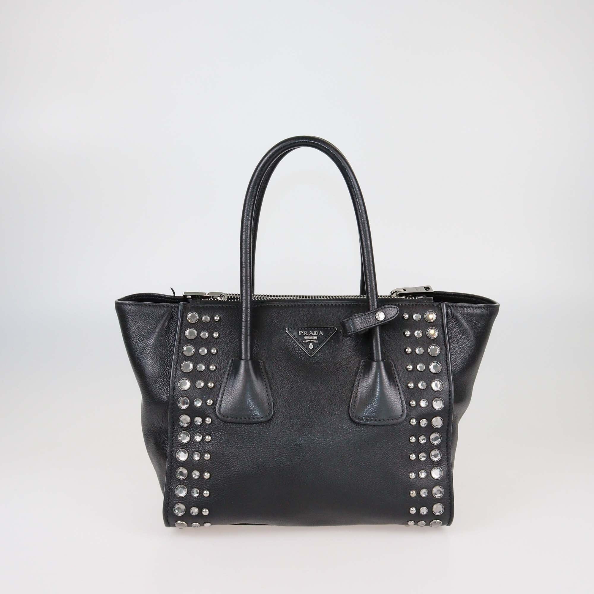Prada Black Leather Crystal Studded Twin Pocket Tote Womens Prada 
