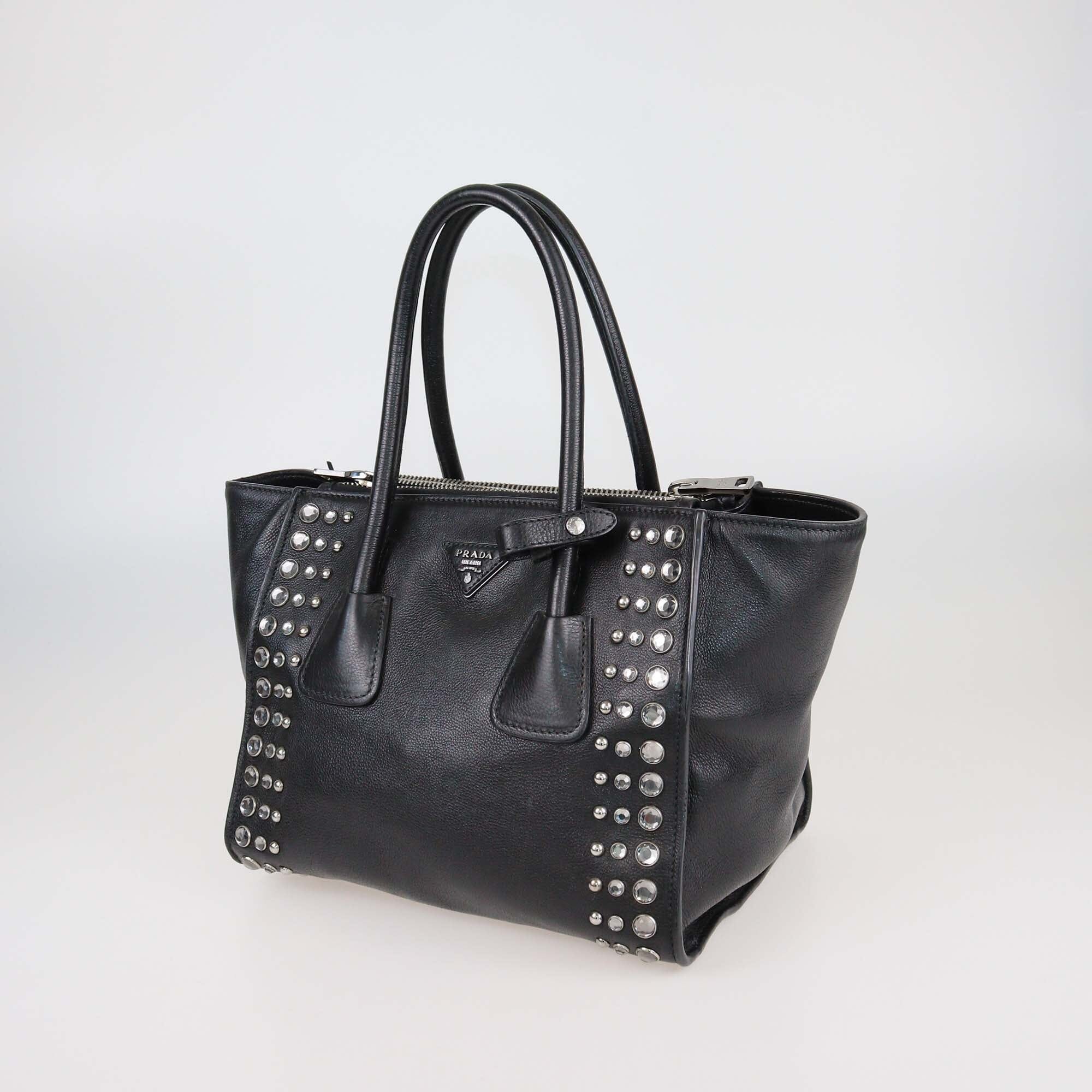Prada Black Leather Crystal Studded Twin Pocket Tote Womens Prada 