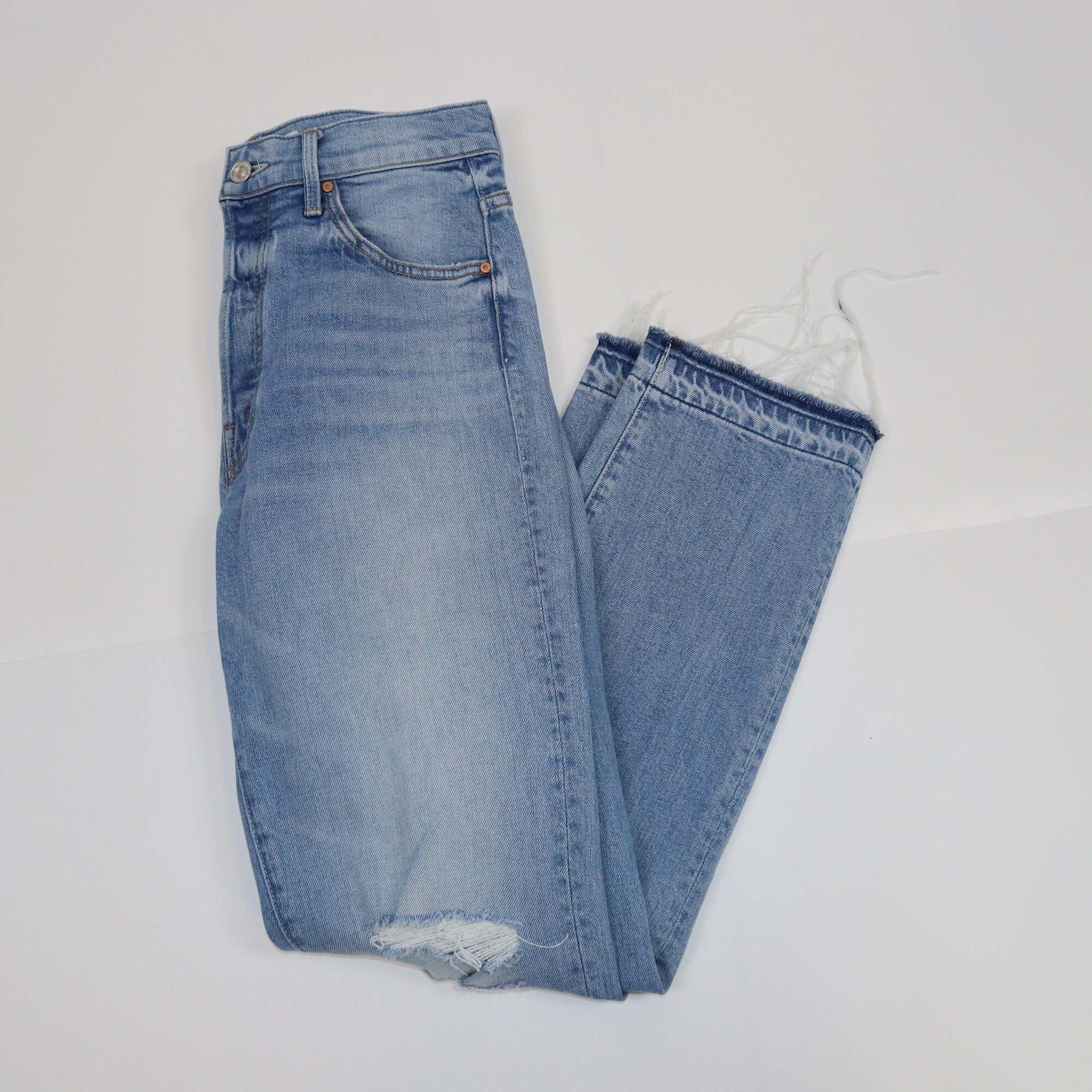 Mother Blue Denim Distressed Straight Cut Pants Womens Mother 