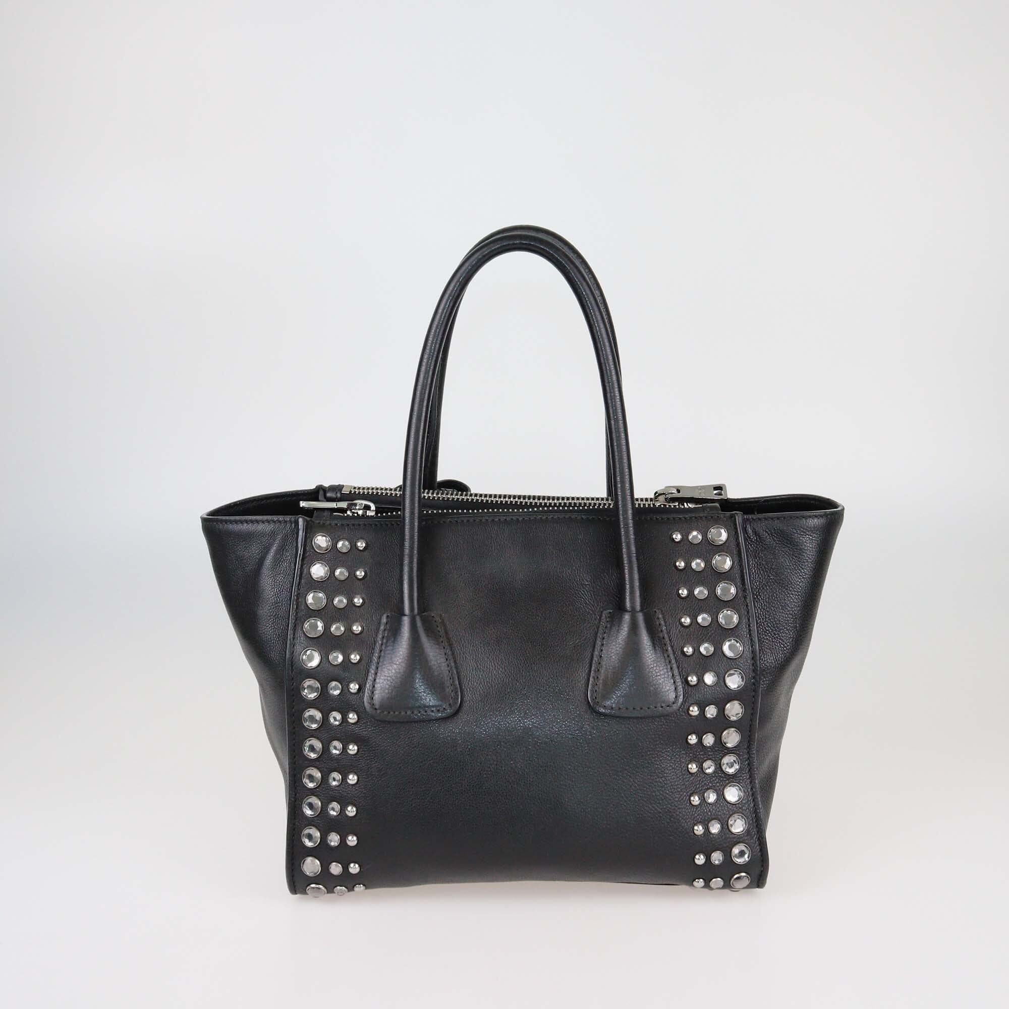 Prada Black Leather Crystal Studded Twin Pocket Tote Womens Prada 