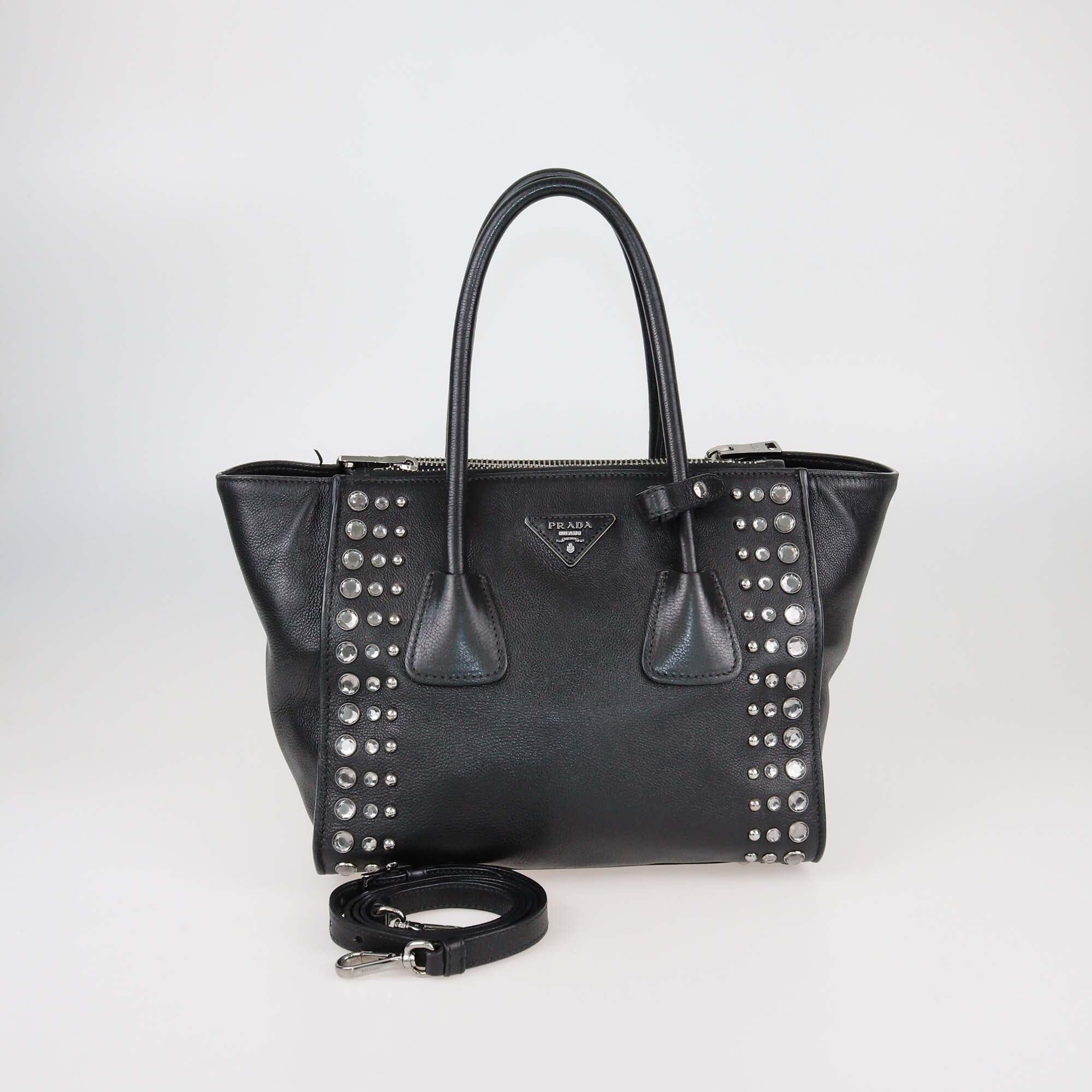 Prada Black Leather Crystal Studded Twin Pocket Tote Womens Prada 