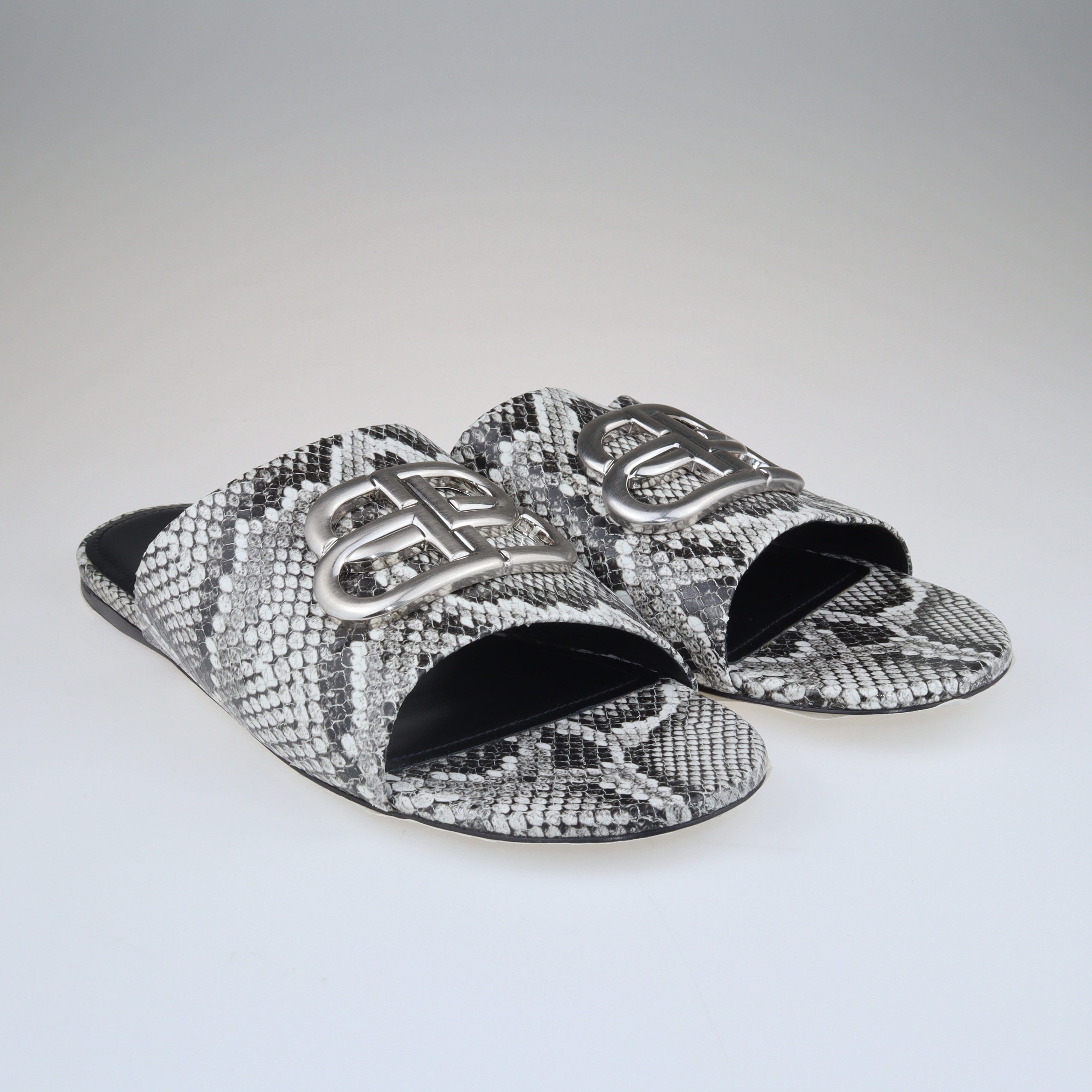 Black White BB Slides Sandals Python Embossed