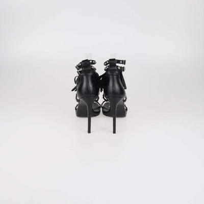 Saint Laurent Black Leather Studded & Fringe T-Strap Sandals