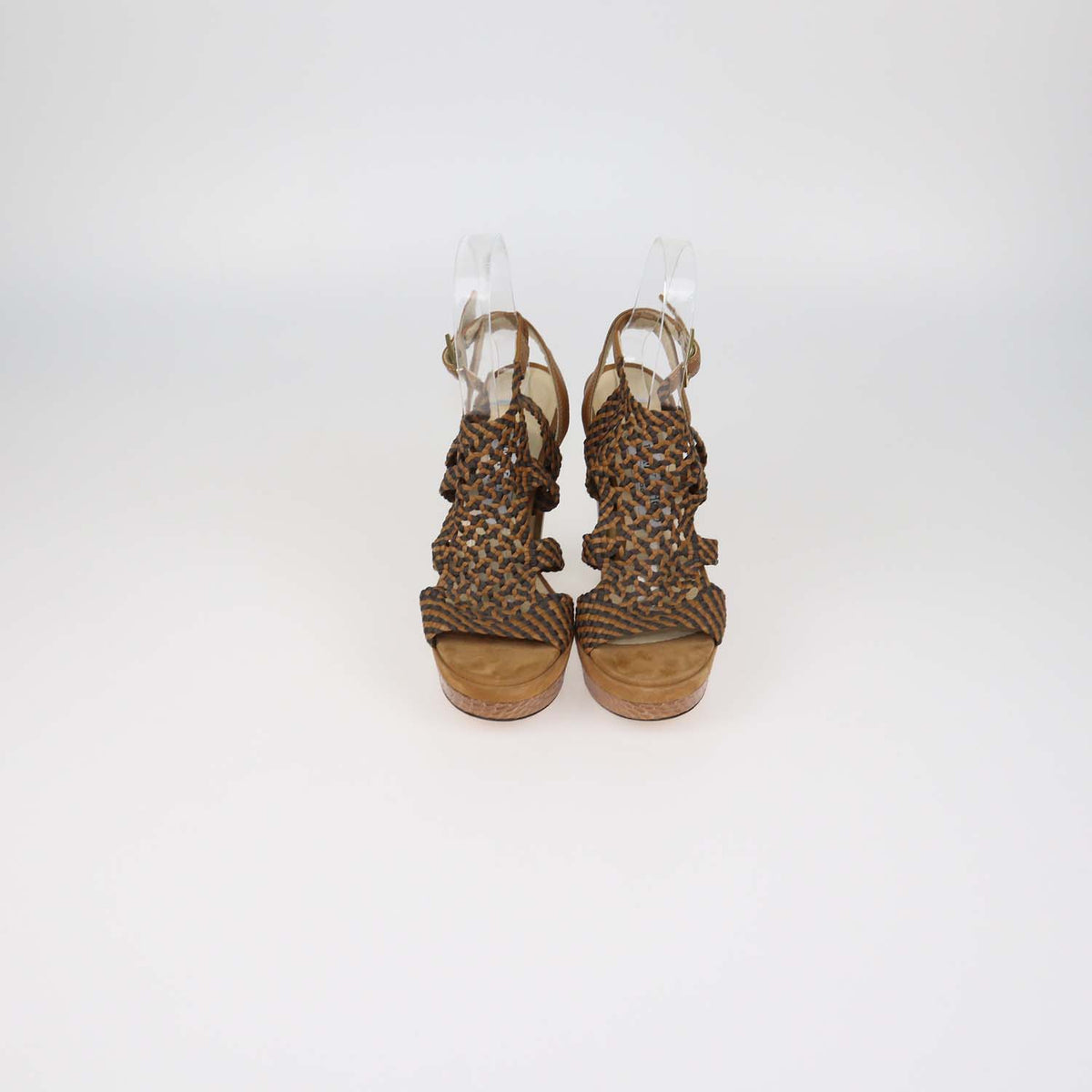 Jimmy Choo Brown,Black Woven Leather Ankle Strap Platform Sandals