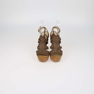 Jimmy Choo Brown,Black Woven Leather Ankle Strap Platform Sandals