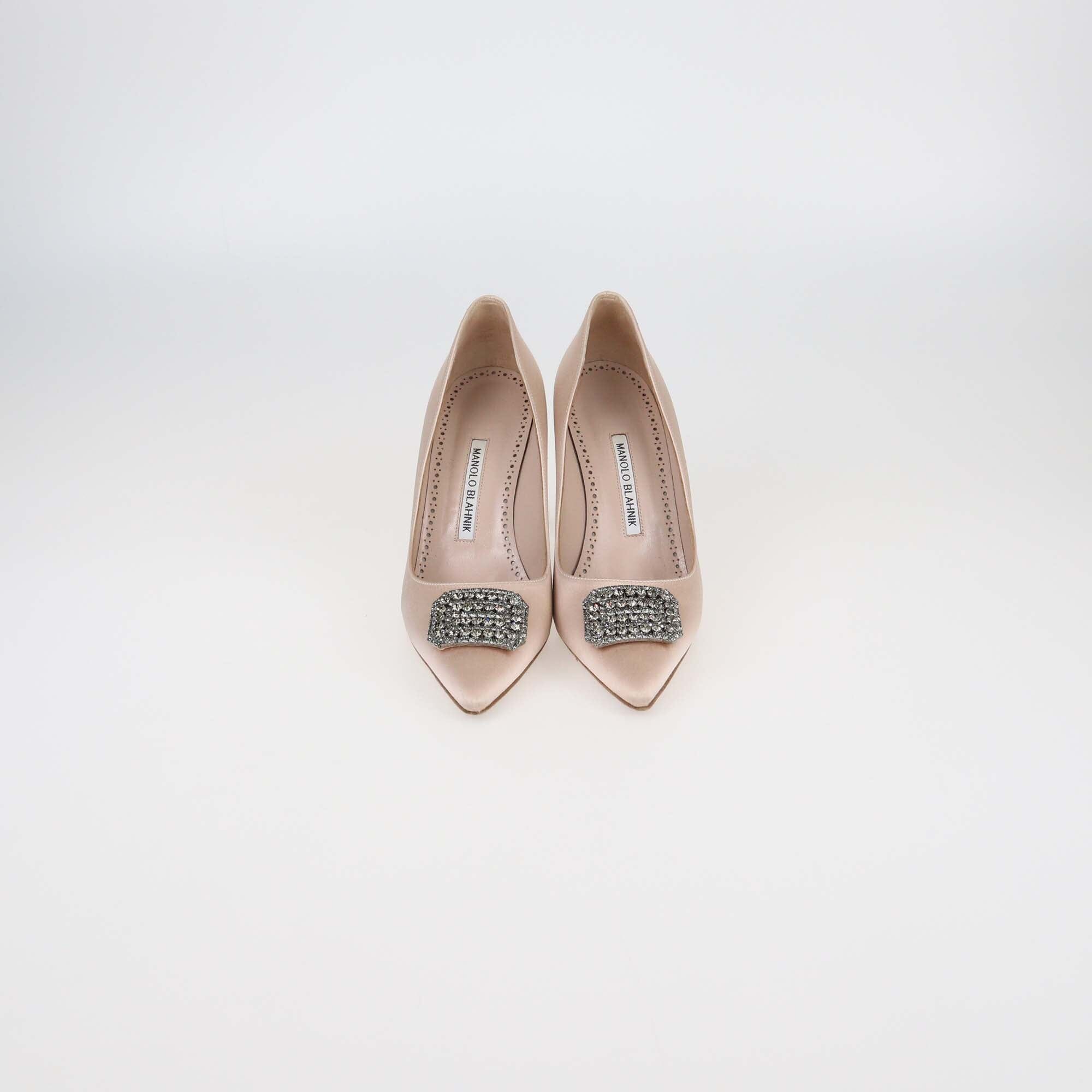 Manolo Blahnik Blush Pink Satin Crystal Floritanuhi Pumps Womens Manolo Blahnik 