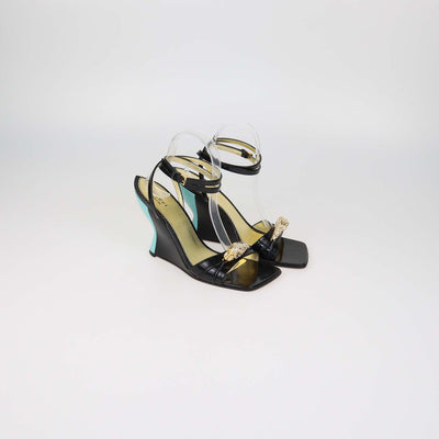 Gucci Black Patent Leather House Snake Head Crystal Sandals