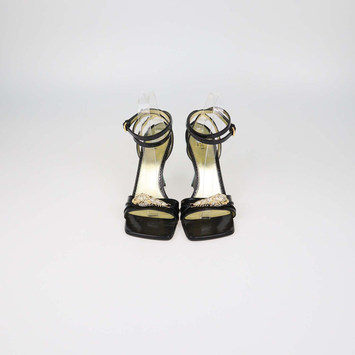 Gucci Black Patent Leather House Snake Head Crystal Sandals