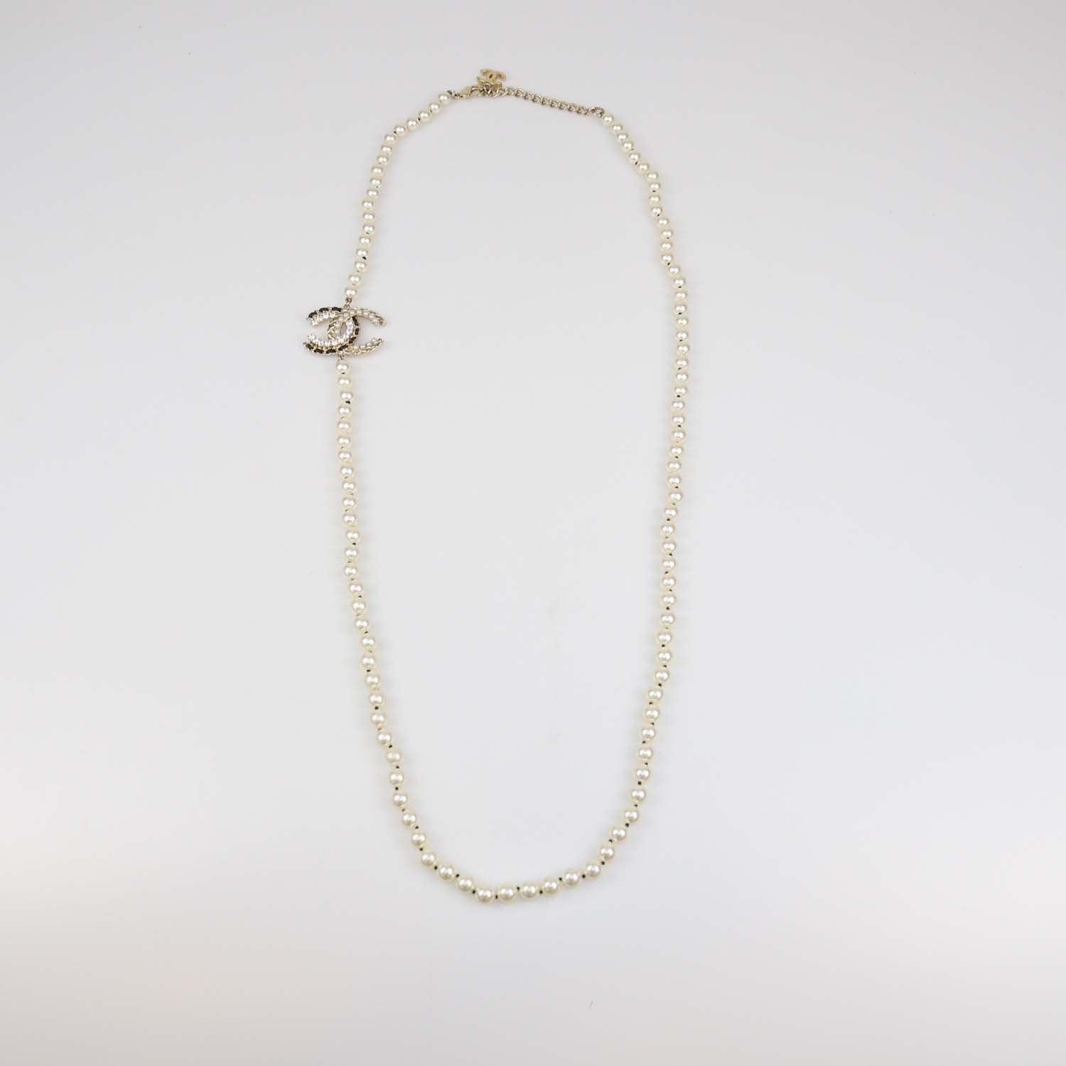 Chanel Gold Tone Metal Strass Imitation Pearl Lambskin CC Long Necklace