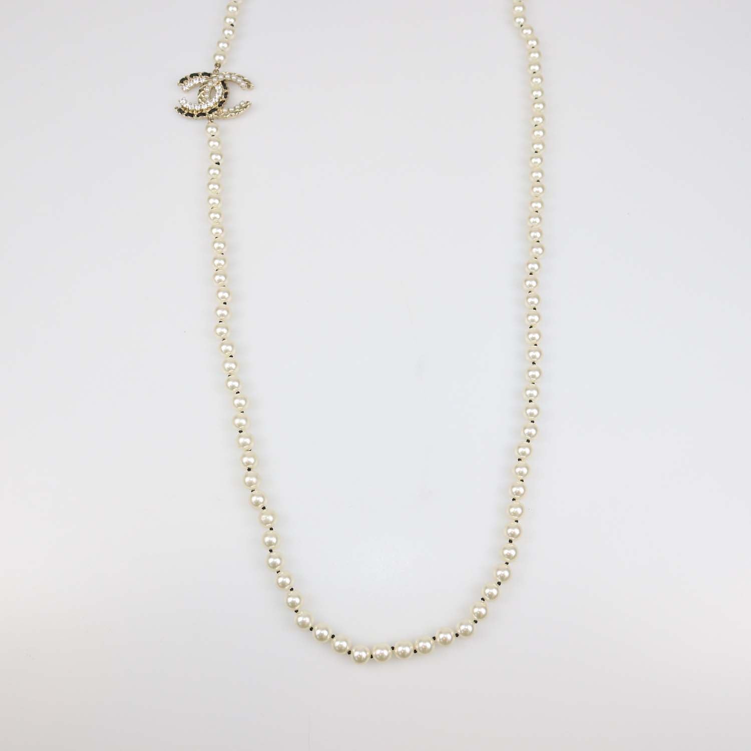 Chanel Gold Tone Metal Strass Imitation Pearl Lambskin CC Long Necklace