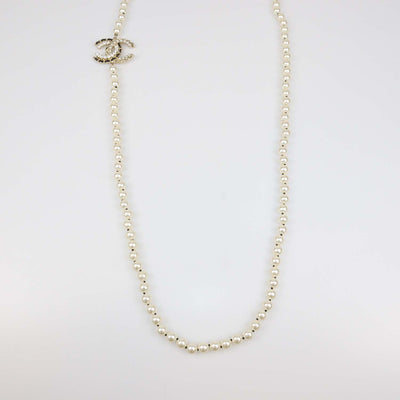 Chanel Gold Tone Metal Strass Imitation Pearl Lambskin CC Long Necklace