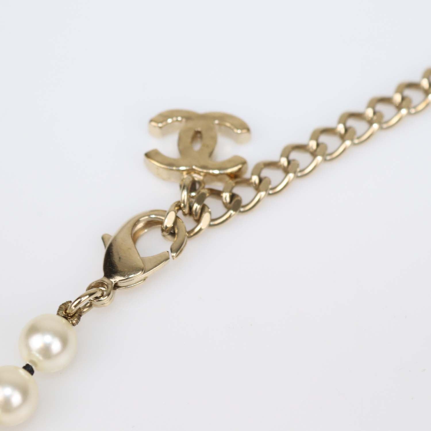 Chanel Gold Tone Metal Strass Imitation Pearl Lambskin CC Long Necklace