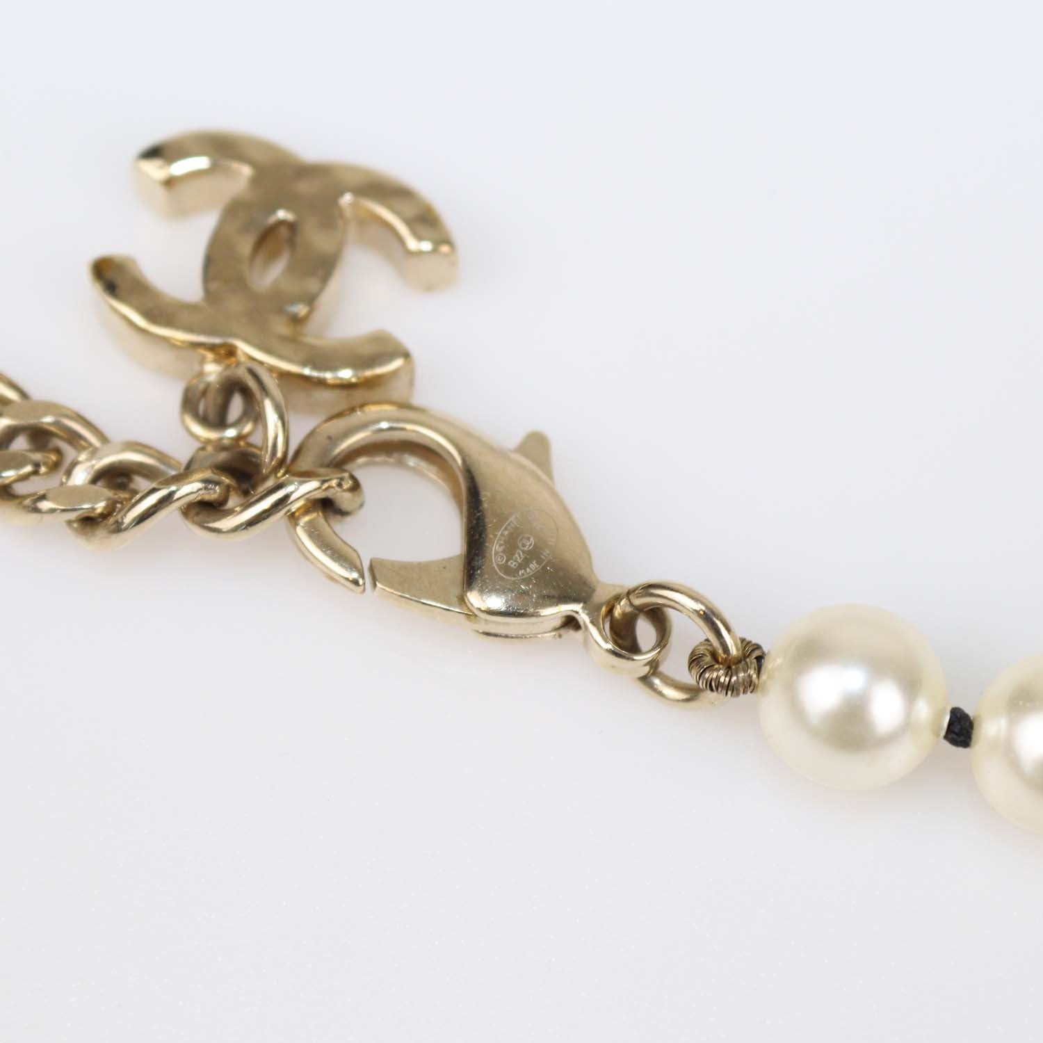 Chanel Gold Tone Metal Strass Imitation Pearl Lambskin CC Long Necklace