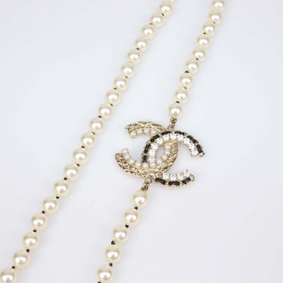 Chanel Gold Tone Metal Strass Imitation Pearl Lambskin CC Long Necklace