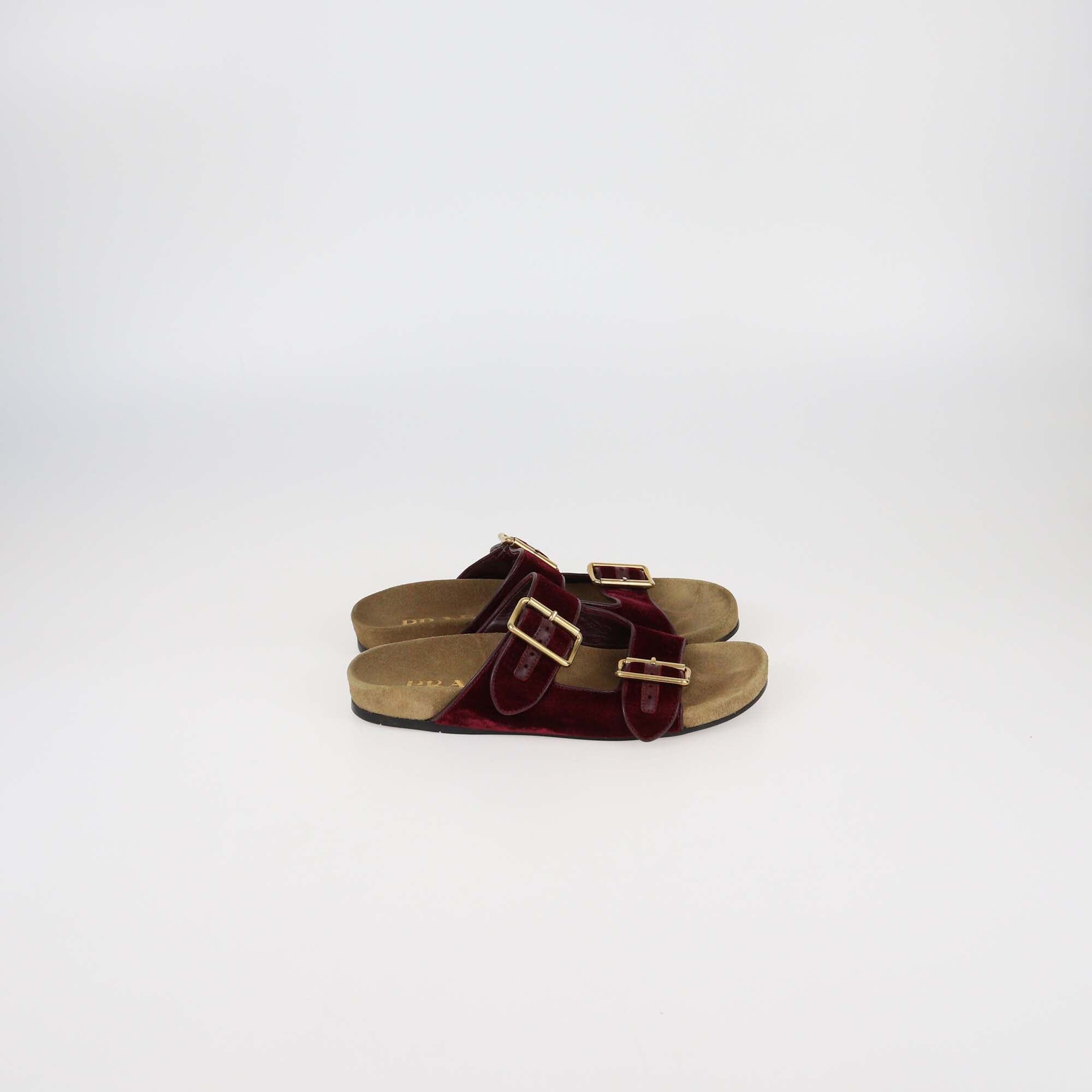 Prada Burgundy Velvet Double Strap Flat Sandals Womens Prada 