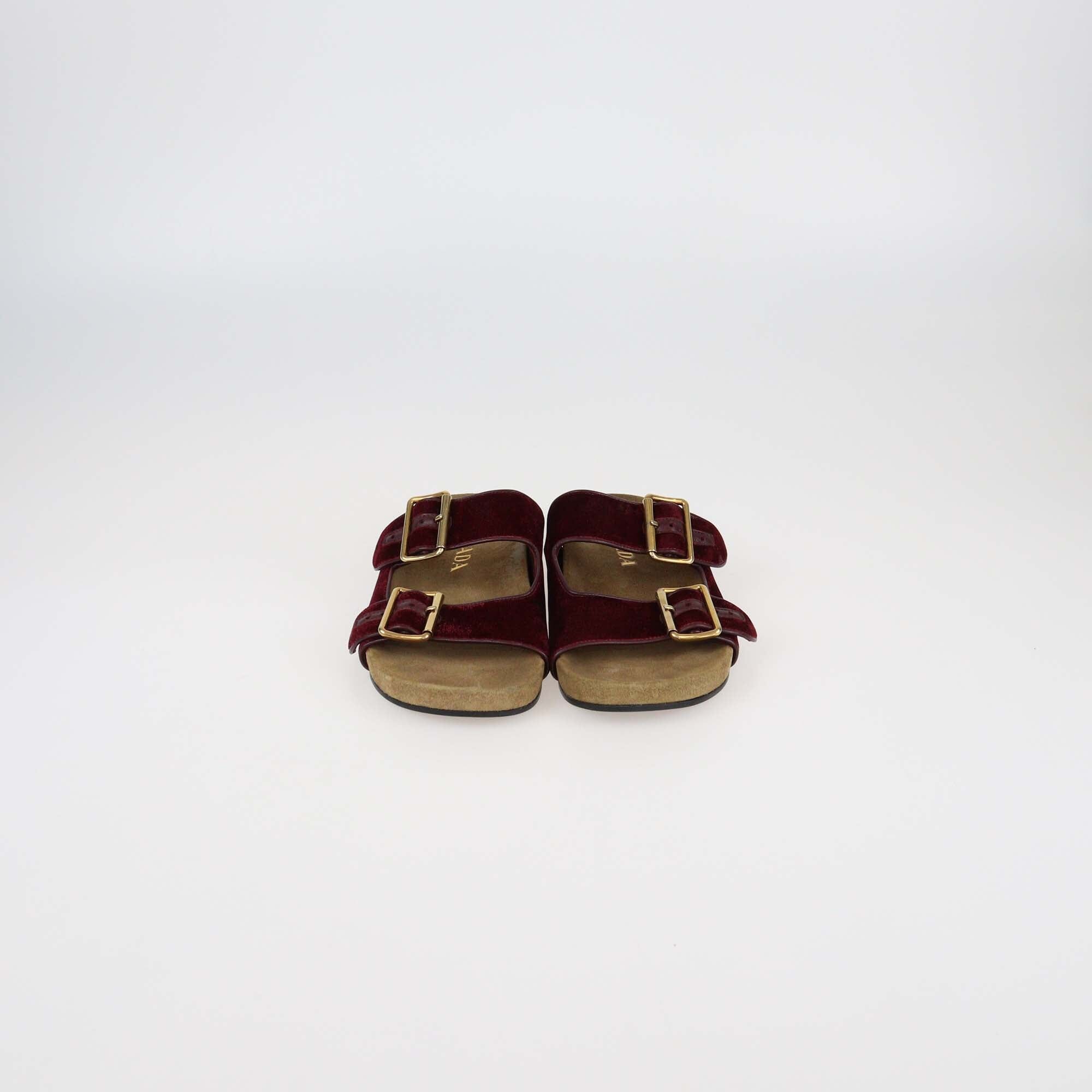 Prada Burgundy Velvet Double Strap Flat Sandals Womens Prada 