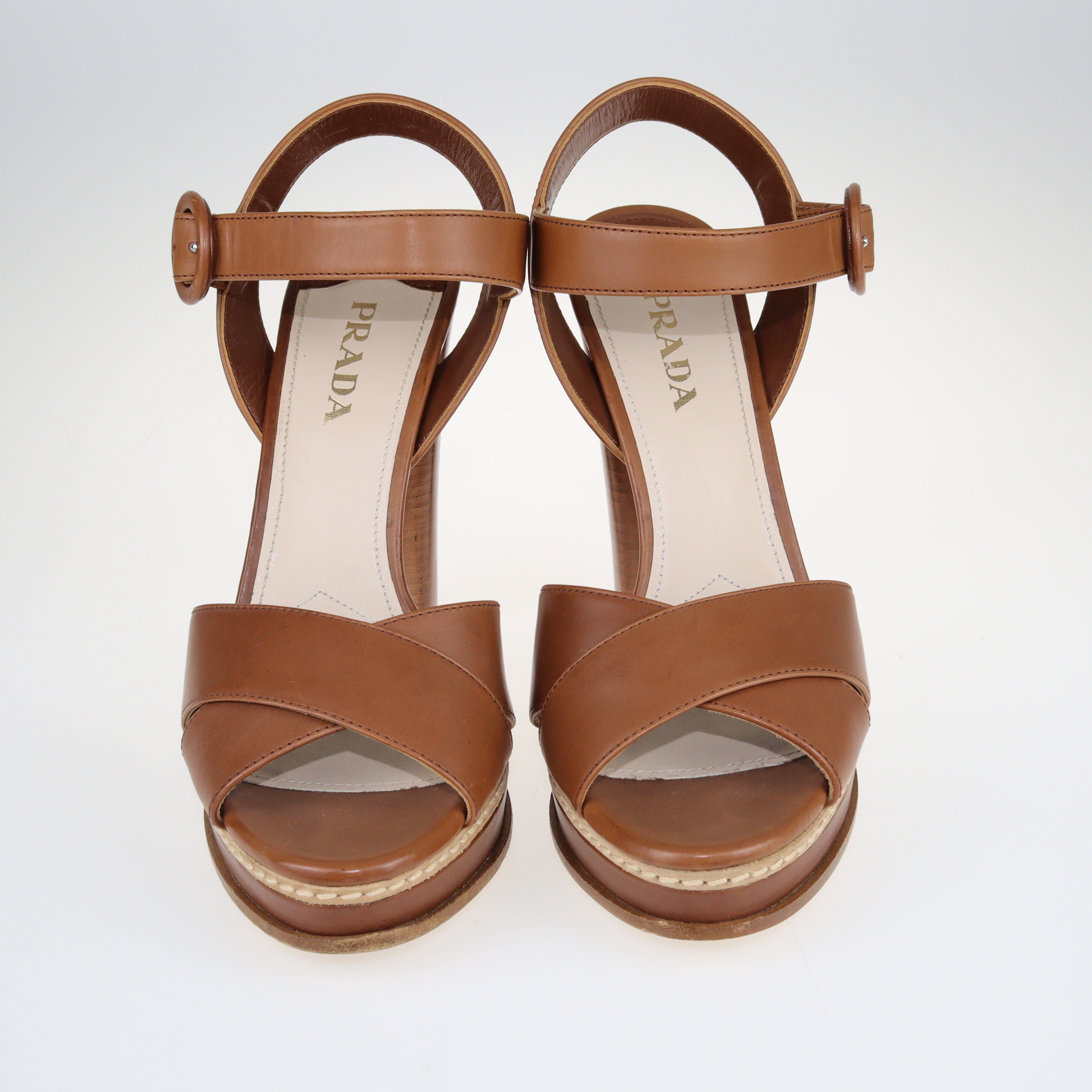Brown Crisscross Ankle Strap Block Heel Platform Sandals Shoes Prada 