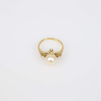 Mikimoto 18K Yellow Gold Pearl Diamond Ring Size 53
