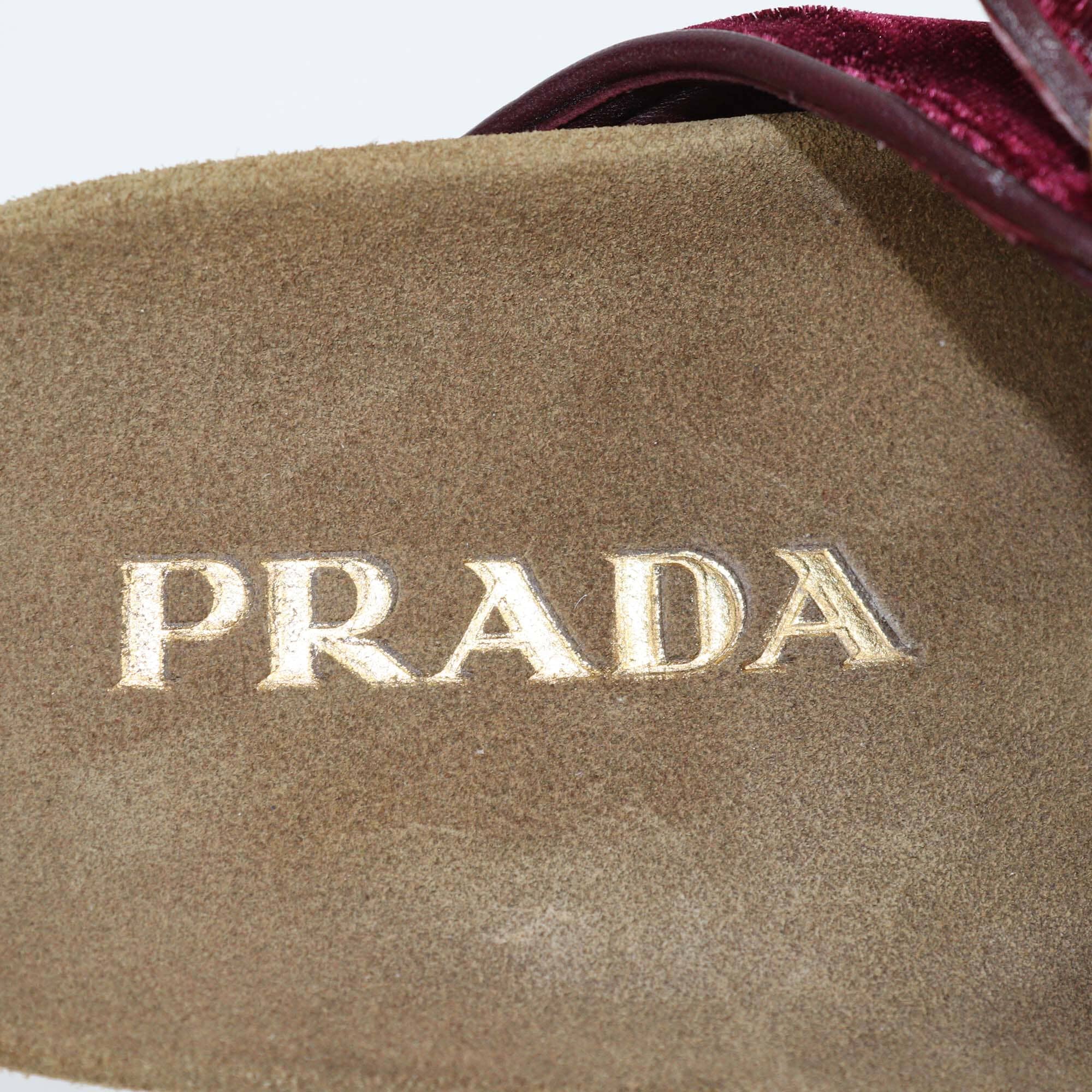 Prada Burgundy Velvet Double Strap Flat Sandals Womens Prada 