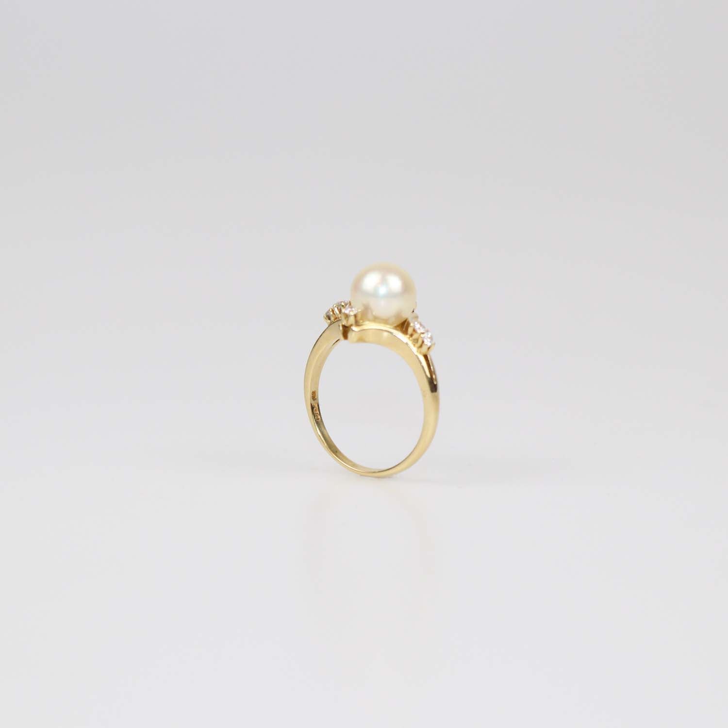 Mikimoto 18K Yellow Gold Pearl Diamond Ring Size 53