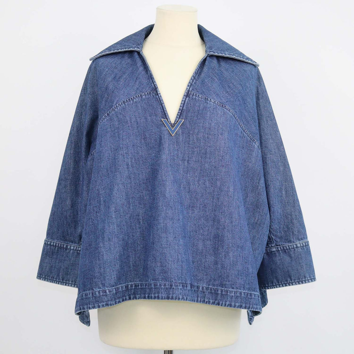 Valentino Blue Denim V-Neck Three-Quarter Sleeve Top