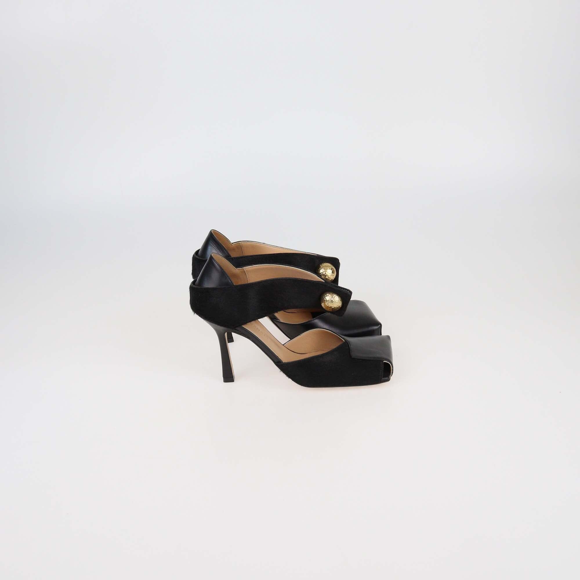 Bottega Veneta Black Calf Hair and Leather Square Toe Pumps Womens Bottega Veneta 