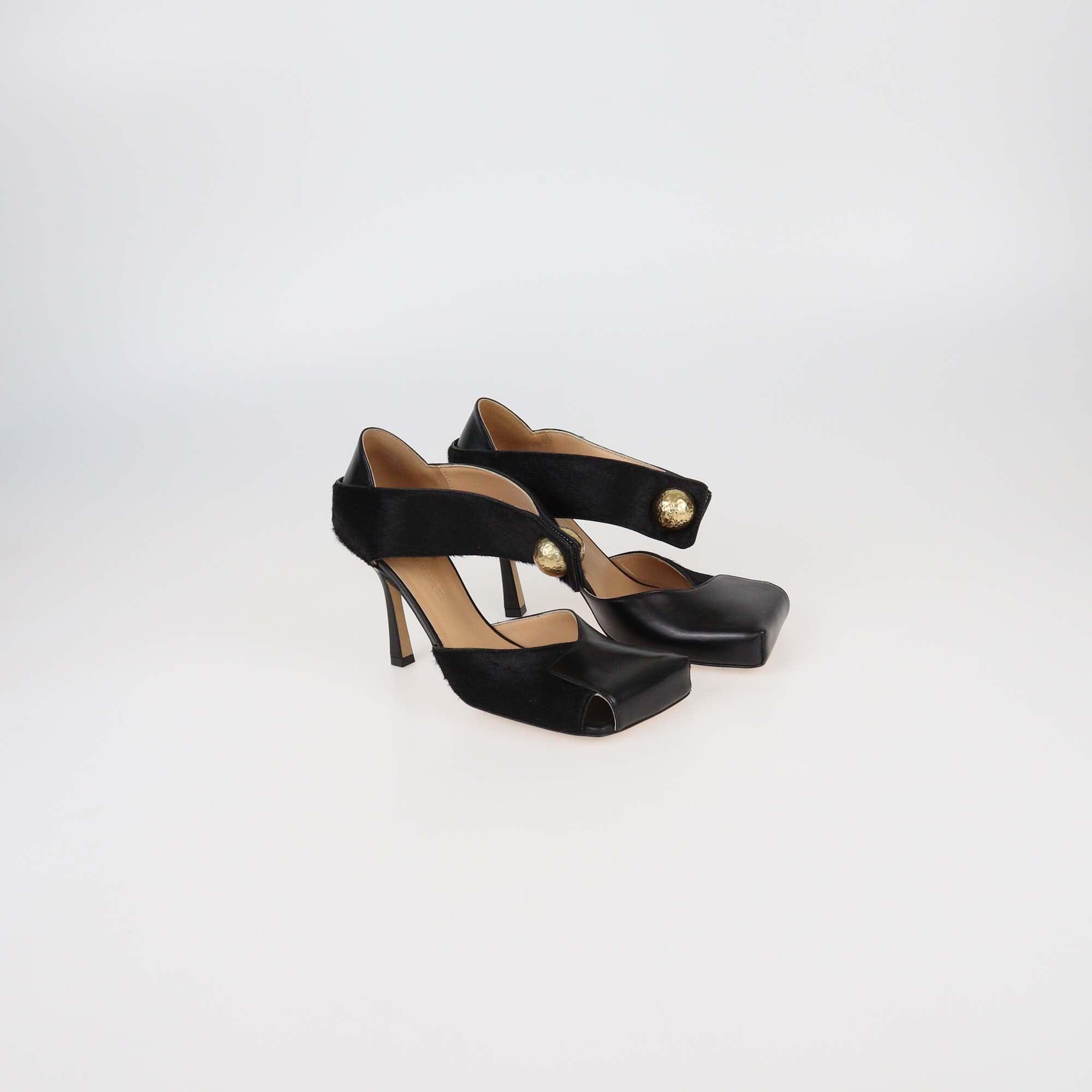 Bottega Veneta Black Calf Hair and Leather Square Toe Pumps Womens Bottega Veneta 