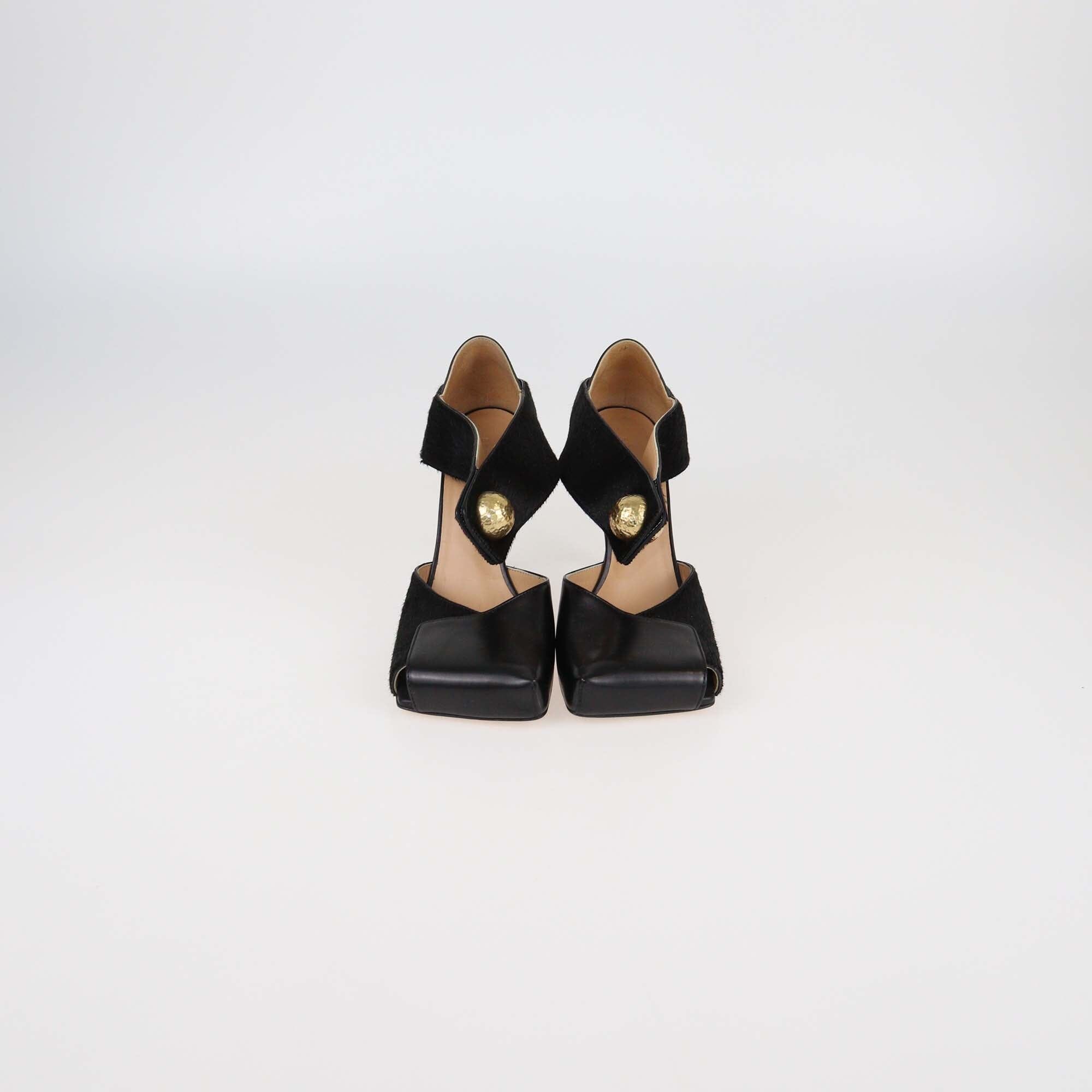 Bottega Veneta Black Calf Hair and Leather Square Toe Pumps Womens Bottega Veneta 
