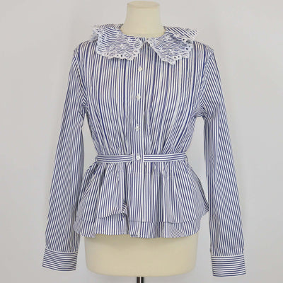 Louis Vuitton White/Blue Striped Monogram Eyelet Collar Long Sleeve Blouse