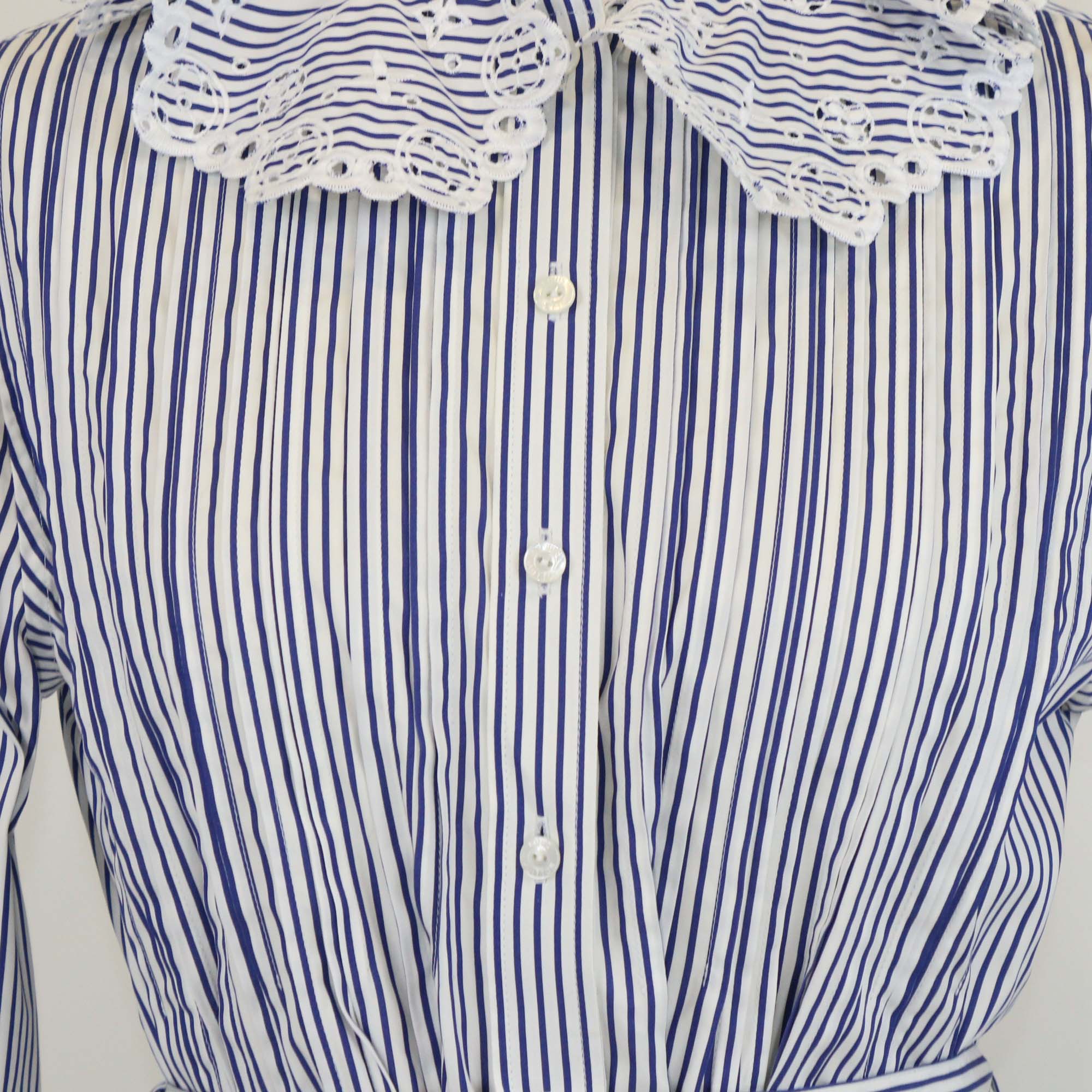Louis Vuitton White/Blue Striped Monogram Eyelet Collar Long Sleeve Blouse
